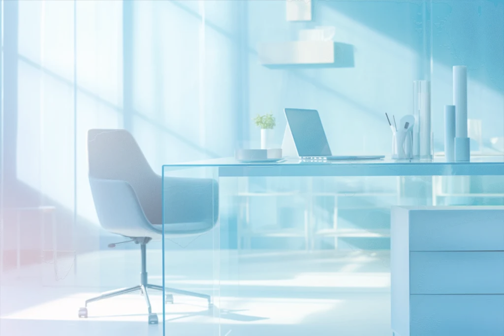 Modern office desk with laptop and chair.